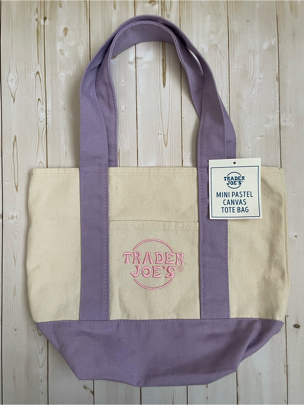 Trader Joe's Mini Canvas Tote Bag - Cream with Lavender Accents